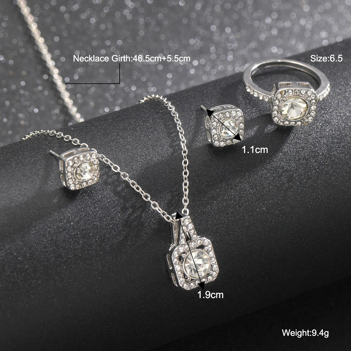 Luxury Crystal Earring Necklace Ring 3 Piece Set