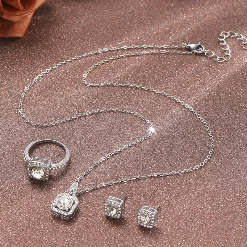 Luxury Crystal Earring Necklace Ring 3 Piece Set