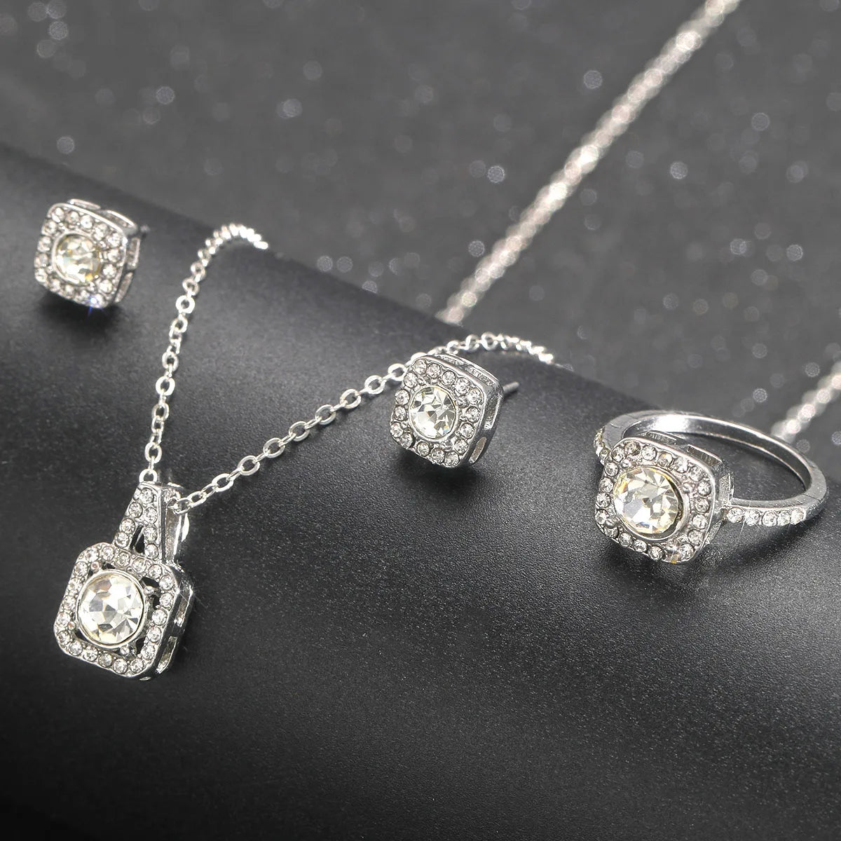 Luxury Crystal Earring Necklace Ring 3 Piece Set